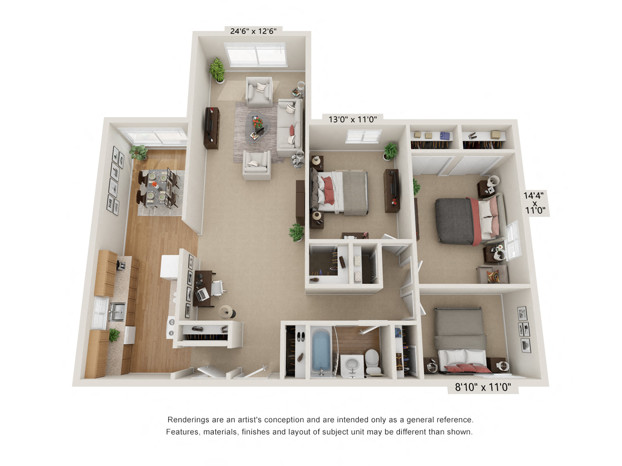 Floor plan for 3 beds, 1 bath, 1161 sqft
